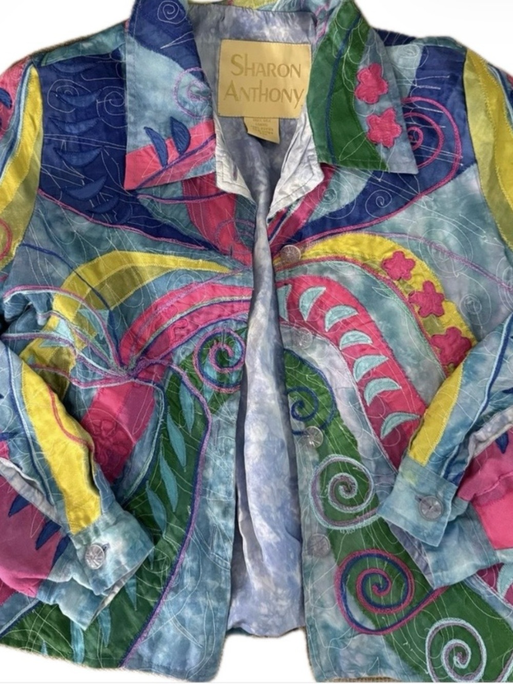 Vintage Sharon Anthony silk Art Funky Quilted Patchwork colorful Jacket, size L
